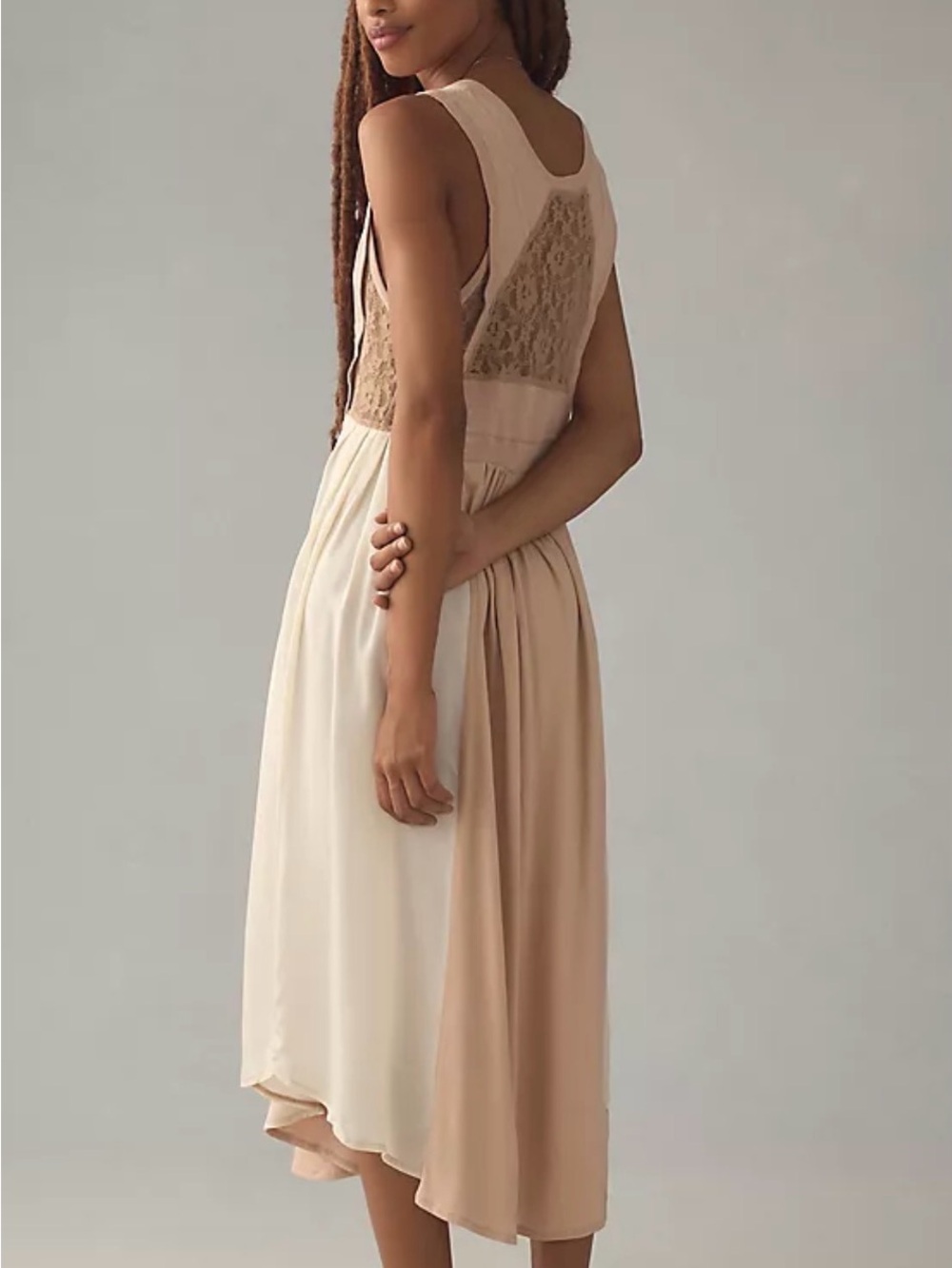 Sleeveless Two-Tone Lace-Back Midi Dress in Beige and Cream
